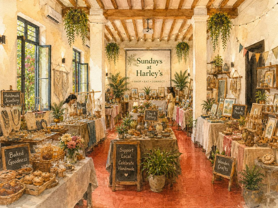 Watercolor of the Sundays at Harley's market, stalls of handmade jewellery, pottery, art and baked goods along the terrace