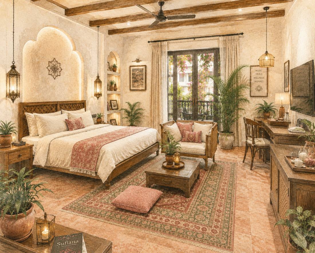 Watercolor of the boutique bedroom